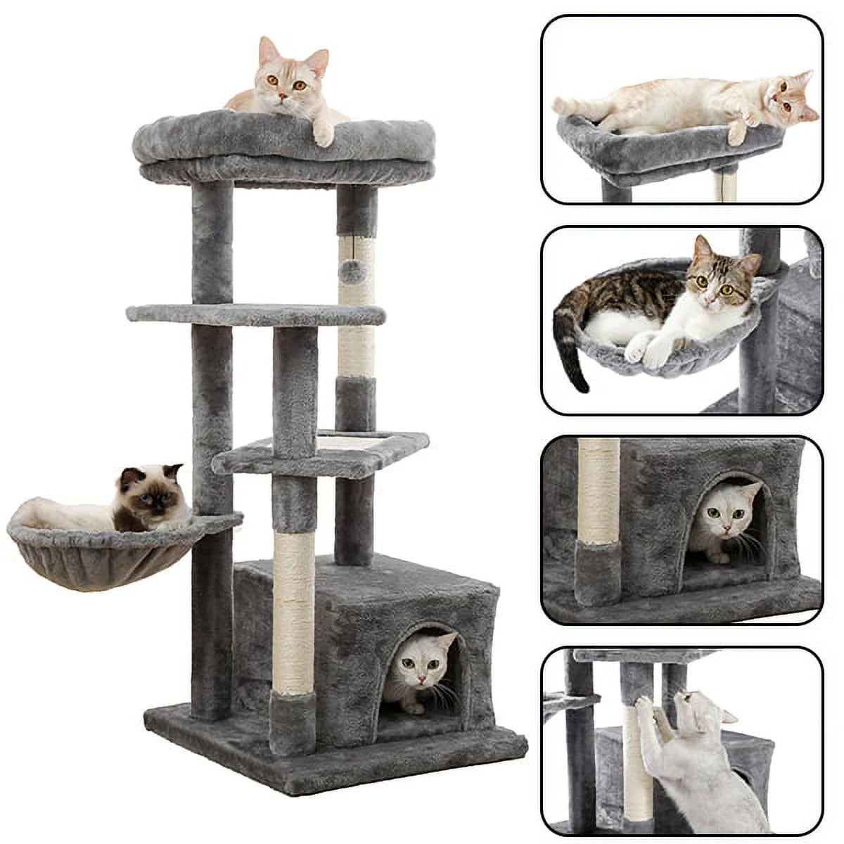 Cat Tree for Large Cats, Multi-Level Cat Tower with Sisal Covered Scratching Posts, Spacious Condo, Cozy Hammock and Plush Top Perch