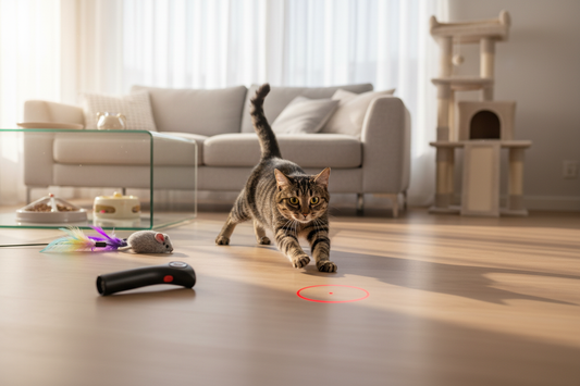 Curious cat playing with interactive pet toys for cats in a cozy living room setting