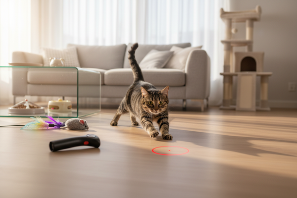 Curious cat playing with interactive pet toys for cats in a cozy living room setting