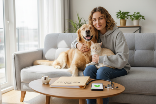 Happy pet owner with dog and cat at home reviewing affordable pet insurance options with good coverage