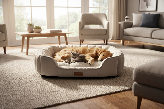 Cozy luxury pet beds for dogs and cats in a stylish living room, perfect for pampered pets