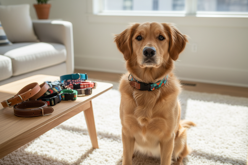 Golden retriever wearing a collar with various options on table, showing how to choose dog collars for pets