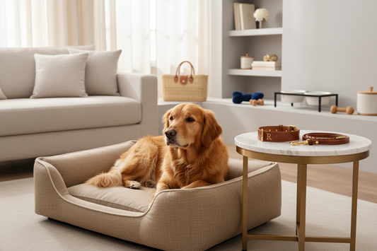 Luxury accessories for dogs including premium collars and beds in an elegant pet-friendly living room