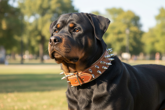 Rottweiler wearing stylish spike dog collars for large breeds outdoors, ideal for strong pet protection