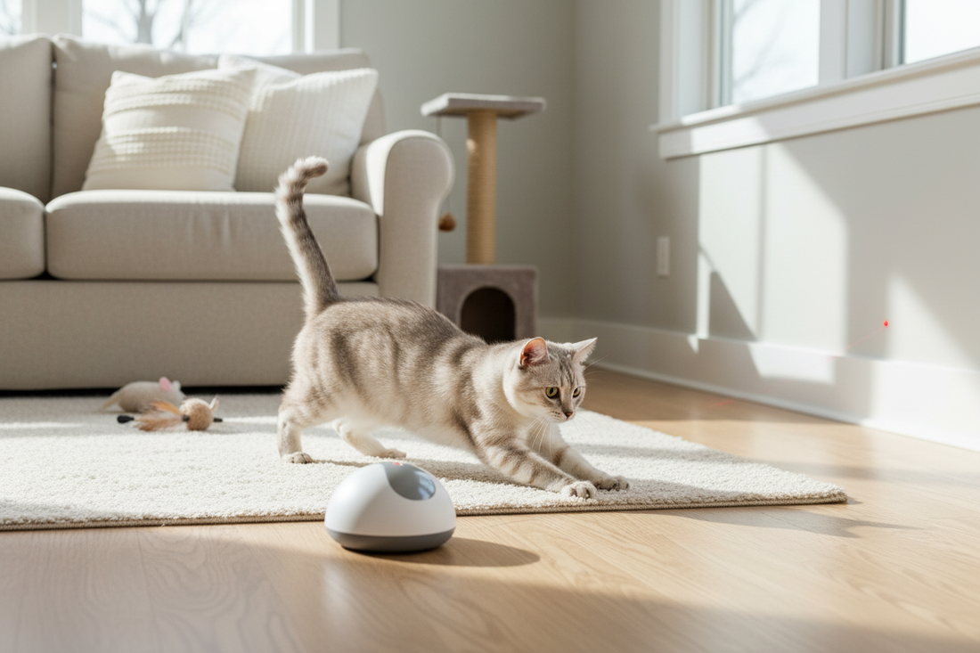 Curious cat playing with interactive cat laser toys for active indoor fun and exercise
