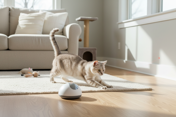 Curious cat playing with interactive cat laser toys for active indoor fun and exercise