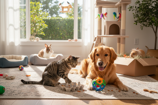 Happy pets enjoying pet enrichment activities with interactive toys and puzzles in a bright, cozy living room