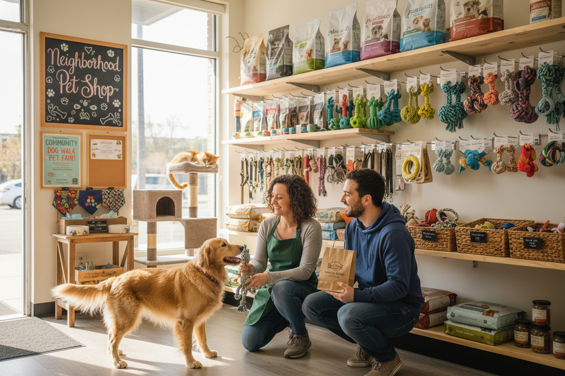 Friendly pets store near me with happy customers shopping for pet toys and healthy treats