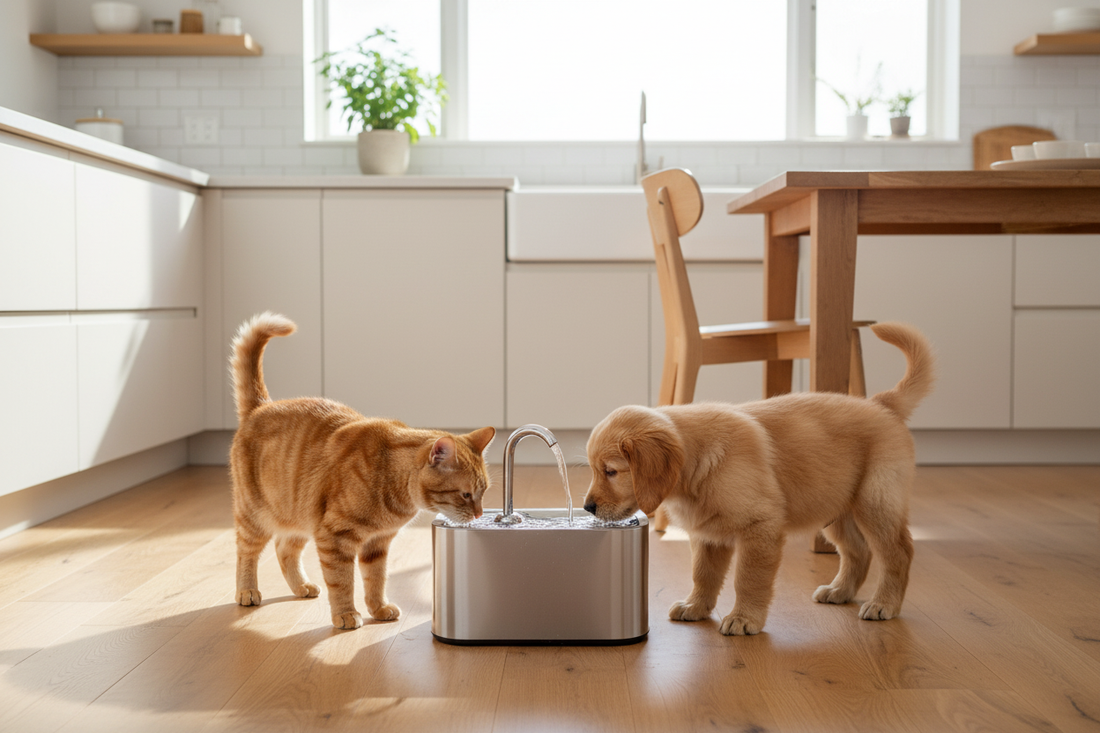 Cat and puppy drinking from an automatic pet water fountain in a modern kitchen for healthy hydration