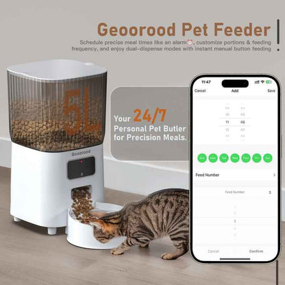 【Geoorood】5L Stainless Steel Automatic Cat Feeder, 2.4Ghz Wifi Only,App Remote Control, Programmable Feeding for Dog and Cat