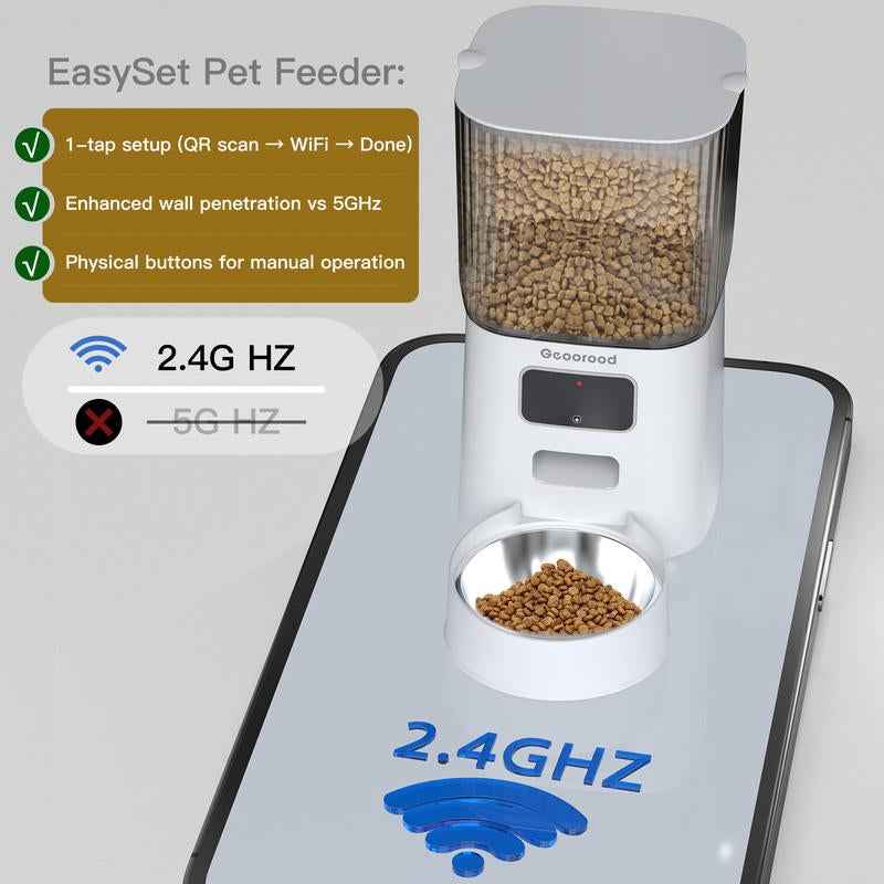 【Geoorood】5L Stainless Steel Automatic Cat Feeder, 2.4Ghz Wifi Only,App Remote Control, Programmable Feeding for Dog and Cat