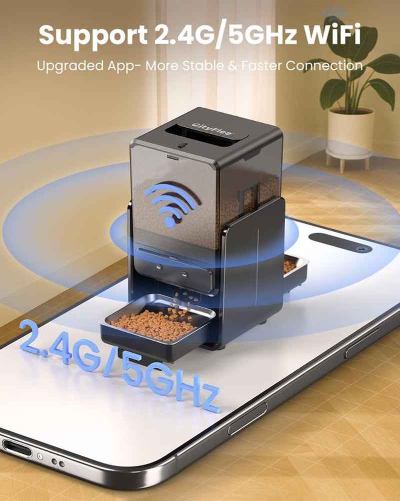 Cityflee Automatic Cat Feeder for Two Cats, 5G/2.4Ghz Wifi Connection, Adjustable Bowl Height to Protect Pet Spine, 20 Cups/5L for Small Pets Indoor, Supports Timed and Voice Call
