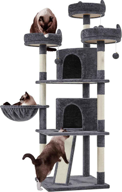 68.5In Cat Tree for Large Cats, Multi-Level Cat Tower with 3 Wide Perches, Large Condo, Stable Pet Play House W/Sisal-Covered Scratching Posts & Board, Dark Gray