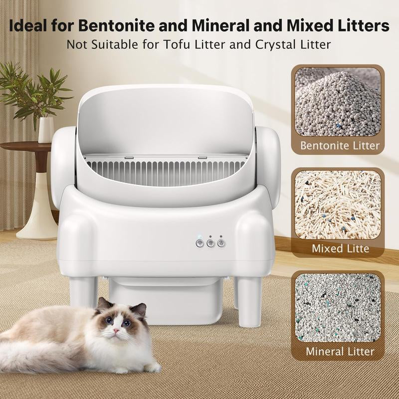 Paruuntys Automatic Self-Cleaning Litter Box with App Control for Multiple Cats, Open Top Design with Safety Sensors, Cream White