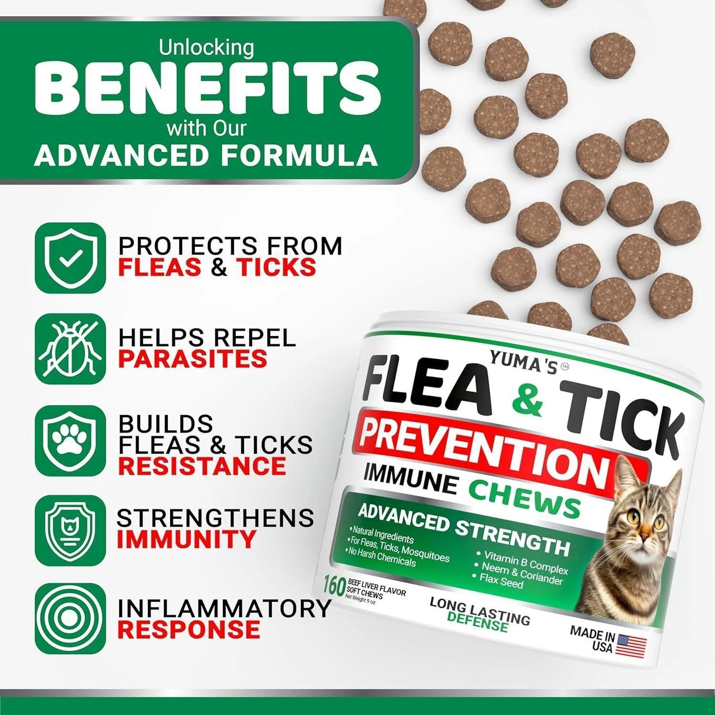 Say goodbye to pesky fleas and ticks with our tasty chews for your feline friend! 🐾✨