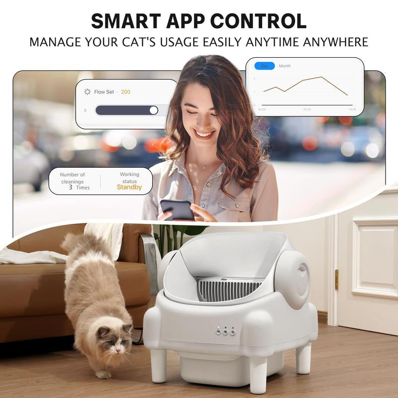 Paruuntys Automatic Self-Cleaning Litter Box with App Control for Multiple Cats, Open Top Design with Safety Sensors, Cream White