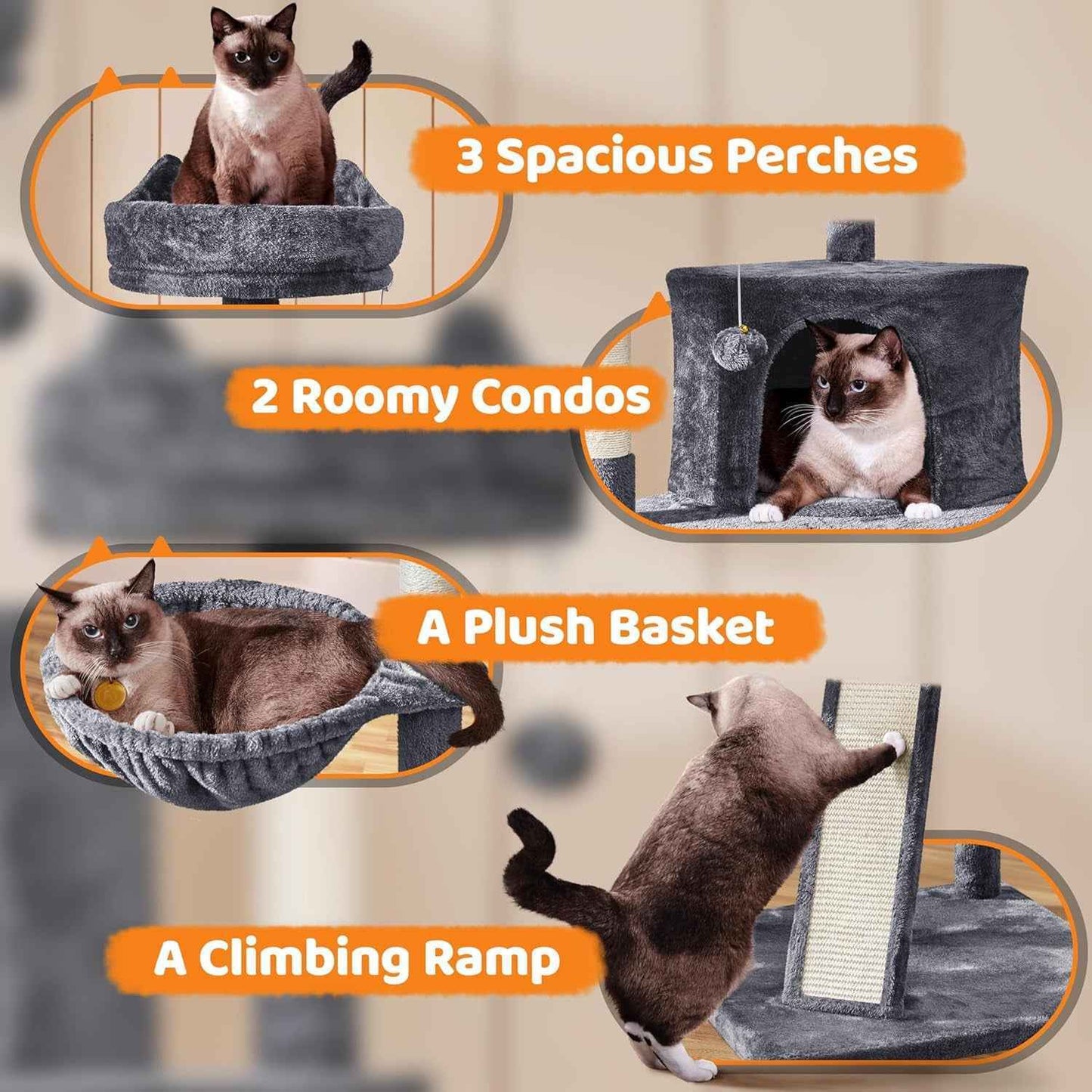68.5In Cat Tree for Large Cats, Multi-Level Cat Tower with 3 Wide Perches, Large Condo, Stable Pet Play House W/Sisal-Covered Scratching Posts & Board, Dark Gray
