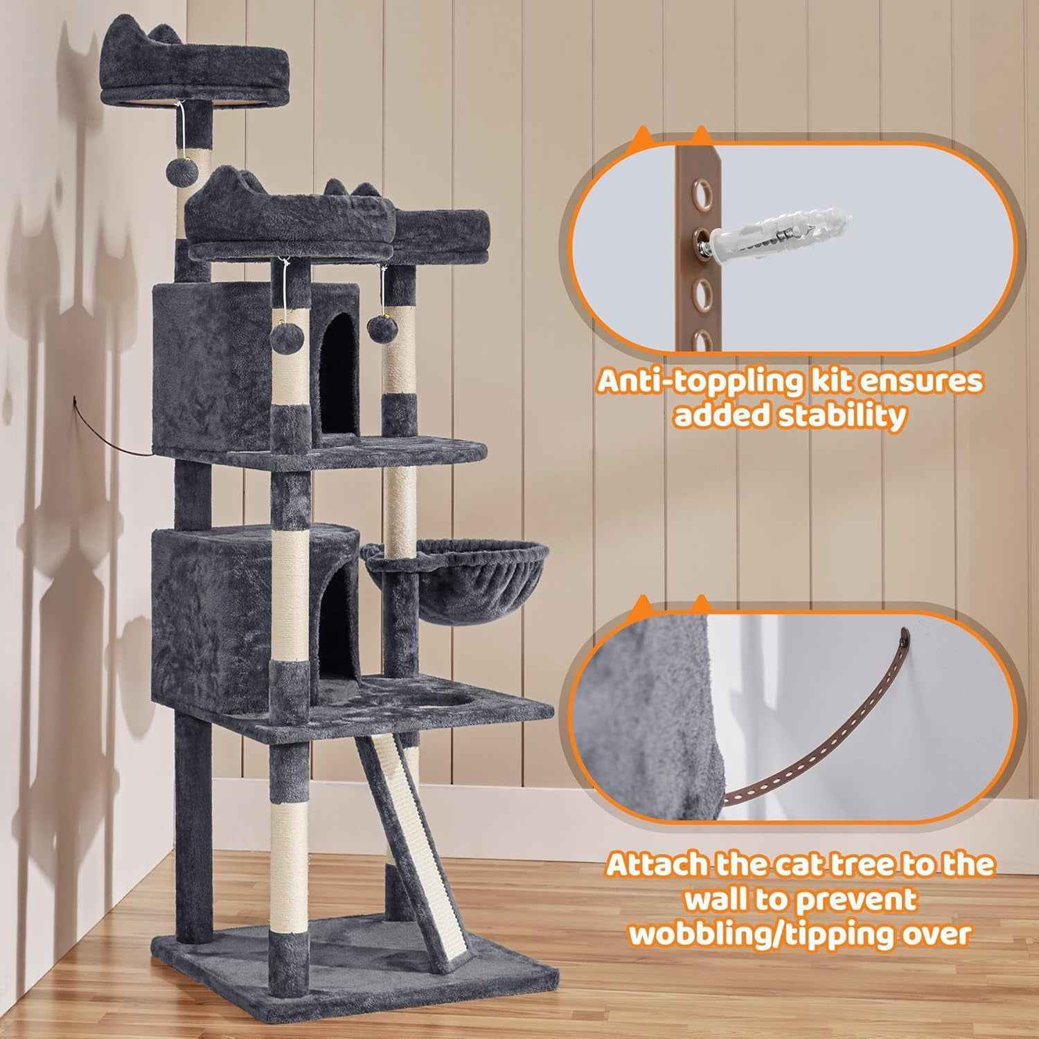 68.5In Cat Tree for Large Cats, Multi-Level Cat Tower with 3 Wide Perches, Large Condo, Stable Pet Play House W/Sisal-Covered Scratching Posts & Board, Dark Gray