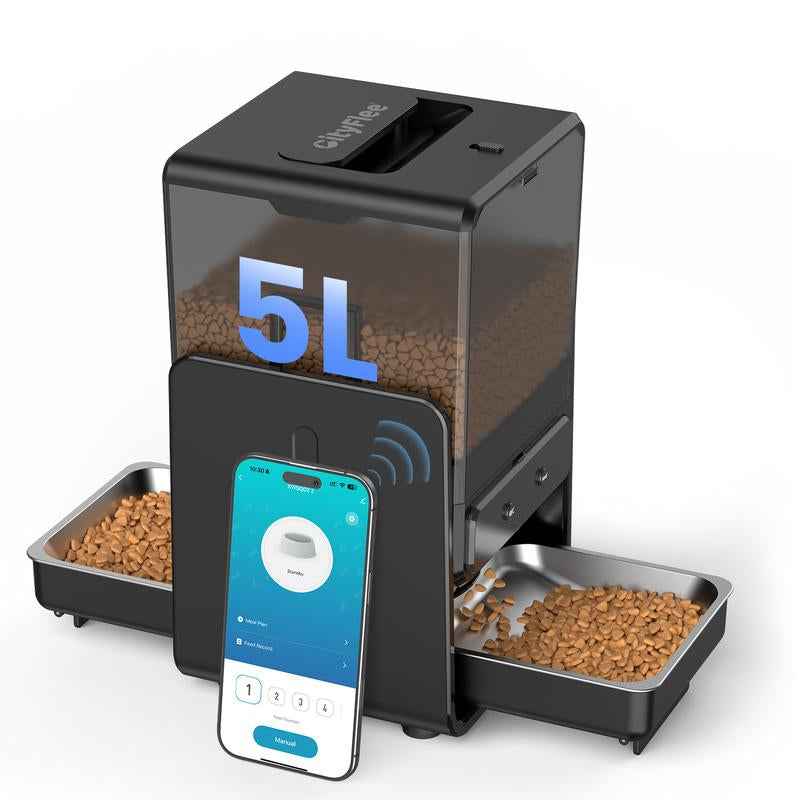 Cityflee Automatic Cat Feeder for Two Cats, 5G/2.4Ghz Wifi Connection, Adjustable Bowl Height to Protect Pet Spine, 20 Cups/5L for Small Pets Indoor, Supports Timed and Voice Call