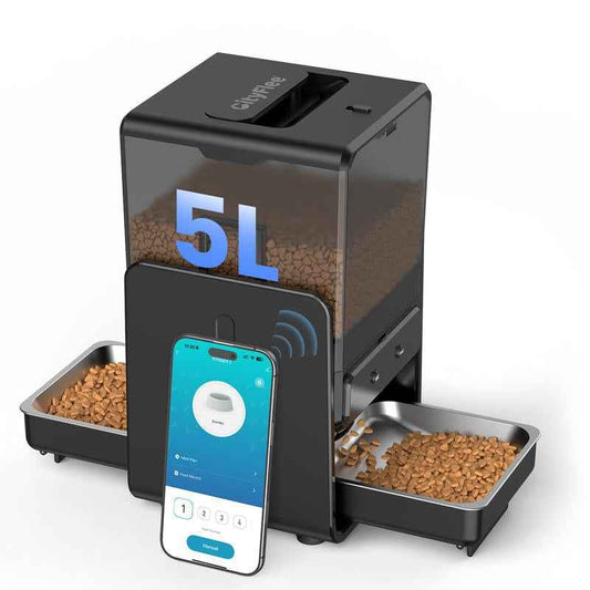 Cityflee Automatic Cat Feeder for Two Cats, 5G/2.4Ghz Wifi Connection, Adjustable Bowl Height to Protect Pet Spine, 20 Cups/5L for Small Pets Indoor, Supports Timed and Voice Call