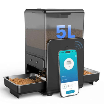 Cityflee Automatic Cat Feeder for Two Cats, 5G/2.4Ghz Wifi Connection, Adjustable Bowl Height to Protect Pet Spine, 20 Cups/5L for Small Pets Indoor, Supports Timed and Voice Call