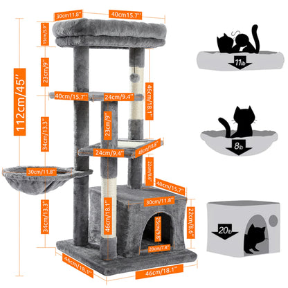 Cat Tree for Large Cats, Multi-Level Cat Tower with Sisal Covered Scratching Posts, Spacious Condo, Cozy Hammock and Plush Top Perch