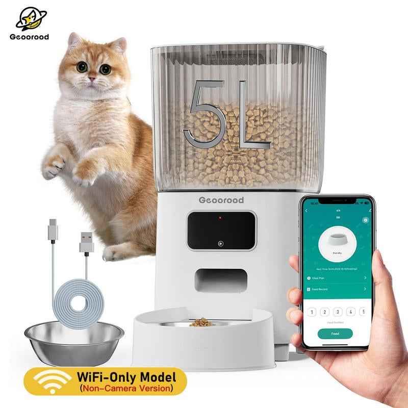 【Geoorood】5L Stainless Steel Automatic Cat Feeder, 2.4Ghz Wifi Only,App Remote Control, Programmable Feeding for Dog and Cat
