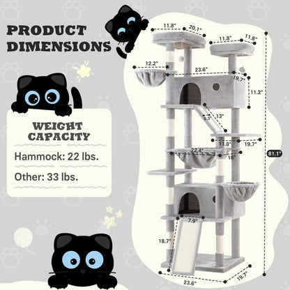 SHA CERLIN 81In/63In Multi-Level Tall Cat Tree Tower with Hammock & Sisal Scratching Posts Larger Cat Condo Furniture for Multi-Cat Play & Rest #Christmasgifts#Tiktokshopblackfriday