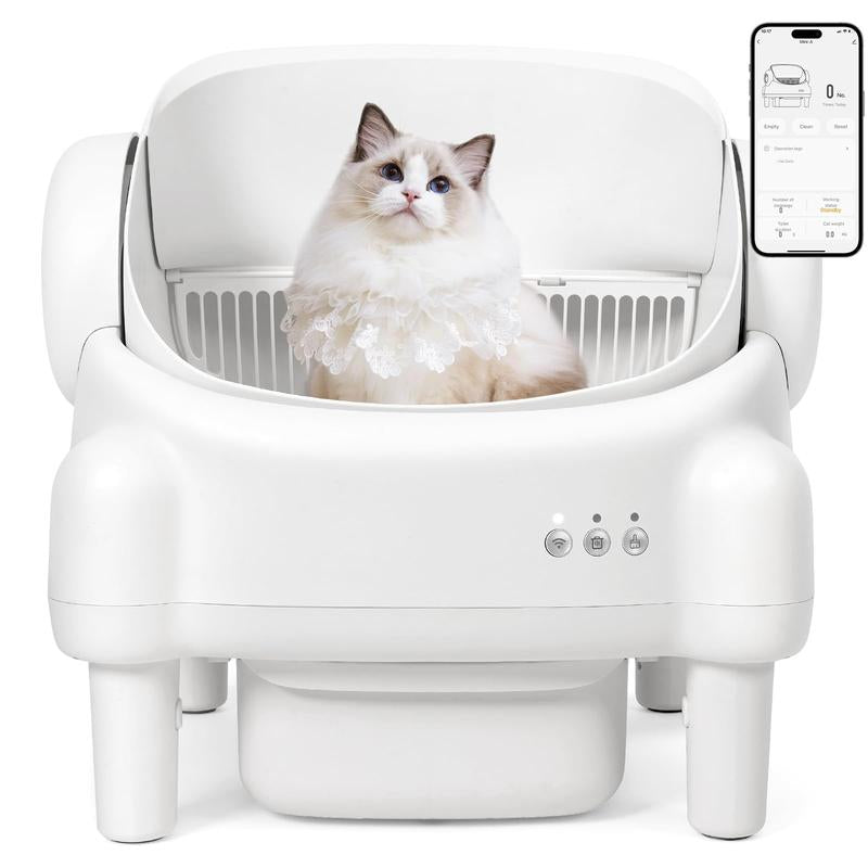 Paruuntys Automatic Self-Cleaning Litter Box with App Control for Multiple Cats, Open Top Design with Safety Sensors, Cream White
