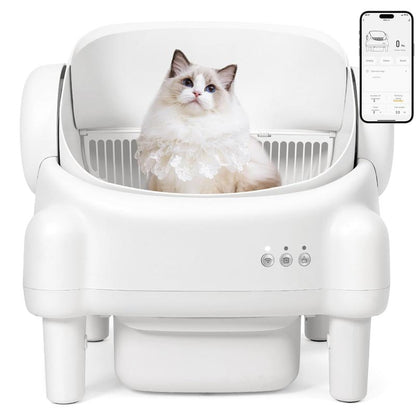 Paruuntys Automatic Self-Cleaning Litter Box with App Control for Multiple Cats, Open Top Design with Safety Sensors, Cream White