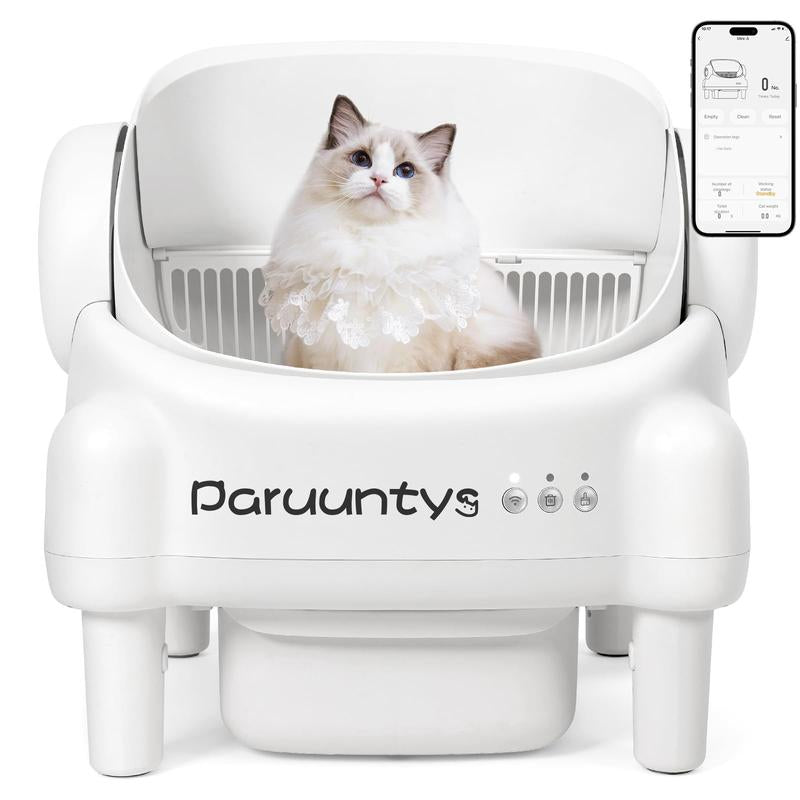 Paruuntys Automatic Self-Cleaning Litter Box with App Control for Multiple Cats, Open Top Design with Safety Sensors, Cream White