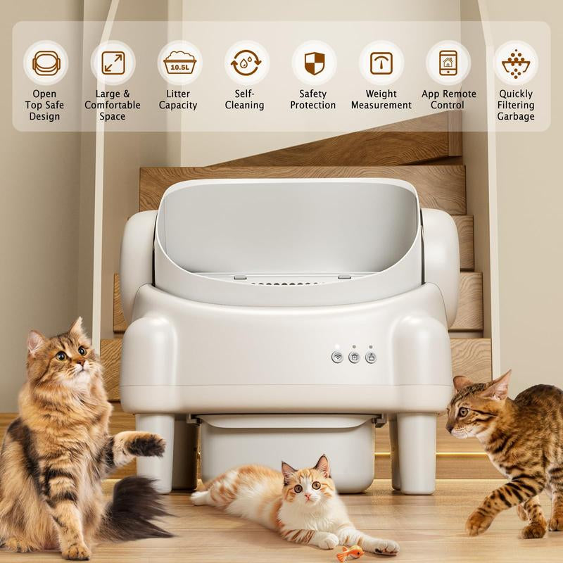 Paruuntys Automatic Self-Cleaning Litter Box with App Control for Multiple Cats, Open Top Design with Safety Sensors, Cream White