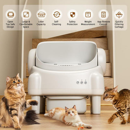 Paruuntys Automatic Self-Cleaning Litter Box with App Control for Multiple Cats, Open Top Design with Safety Sensors, Cream White