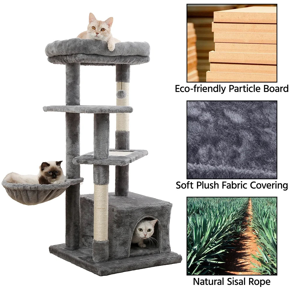 Cat Tree for Large Cats, Multi-Level Cat Tower with Sisal Covered Scratching Posts, Spacious Condo, Cozy Hammock and Plush Top Perch