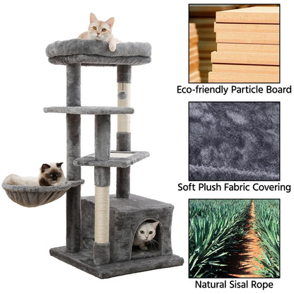 Cat Tree for Large Cats, Multi-Level Cat Tower with Sisal Covered Scratching Posts, Spacious Condo, Cozy Hammock and Plush Top Perch