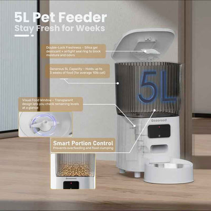 【Geoorood】5L Stainless Steel Automatic Cat Feeder, 2.4Ghz Wifi Only,App Remote Control, Programmable Feeding for Dog and Cat