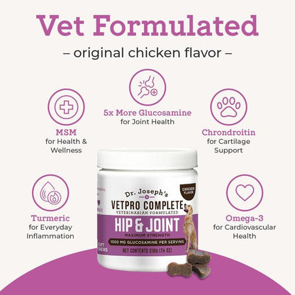 Dr. Joseph'S Vetpro Complete Dog Hip and Joint Supplement, 60 Count, Chicken Flavored Pain and Inflammation Relief Chews with Glucosamine, Chondroitin, MSM, Turmeric, Vitamin C, Omega 3