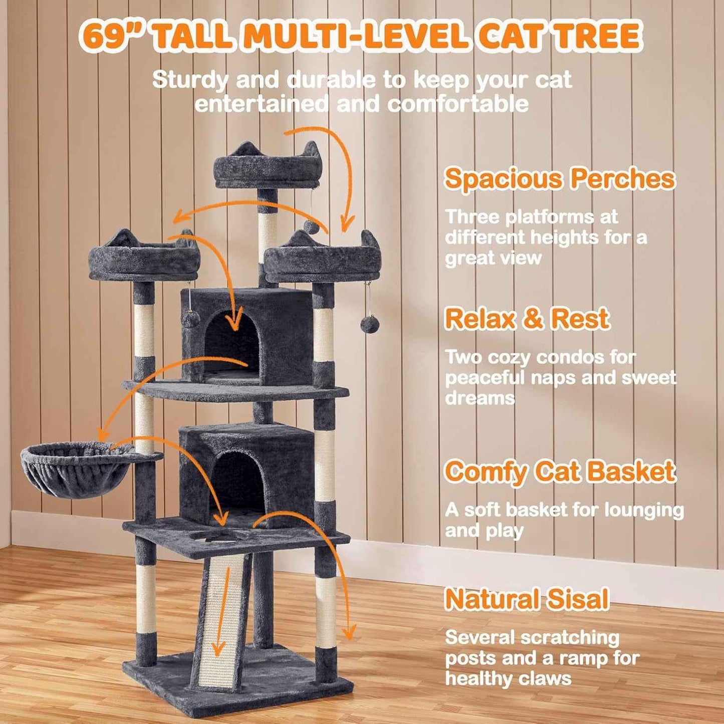 68.5In Cat Tree for Large Cats, Multi-Level Cat Tower with 3 Wide Perches, Large Condo, Stable Pet Play House W/Sisal-Covered Scratching Posts & Board, Dark Gray