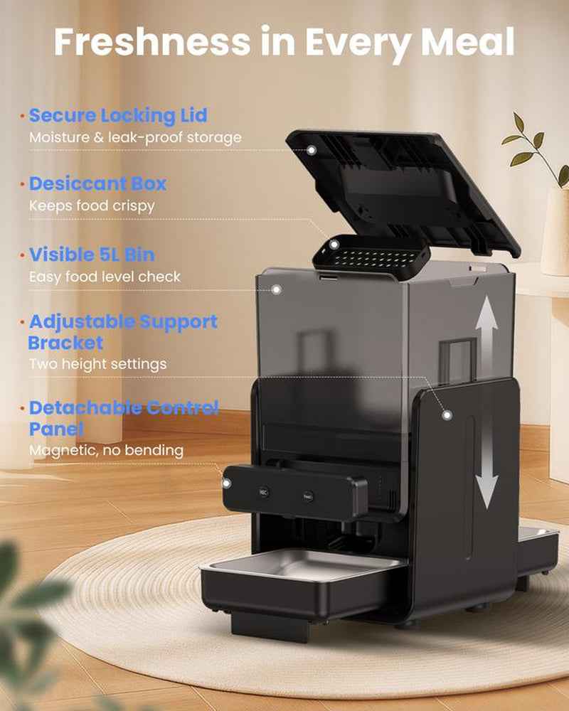 Cityflee Automatic Cat Feeder for Two Cats, 5G/2.4Ghz Wifi Connection, Adjustable Bowl Height to Protect Pet Spine, 20 Cups/5L for Small Pets Indoor, Supports Timed and Voice Call