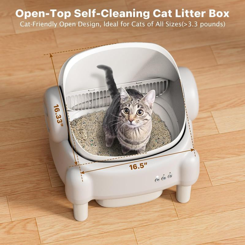 Paruuntys Automatic Self-Cleaning Litter Box with App Control for Multiple Cats, Open Top Design with Safety Sensors, Cream White