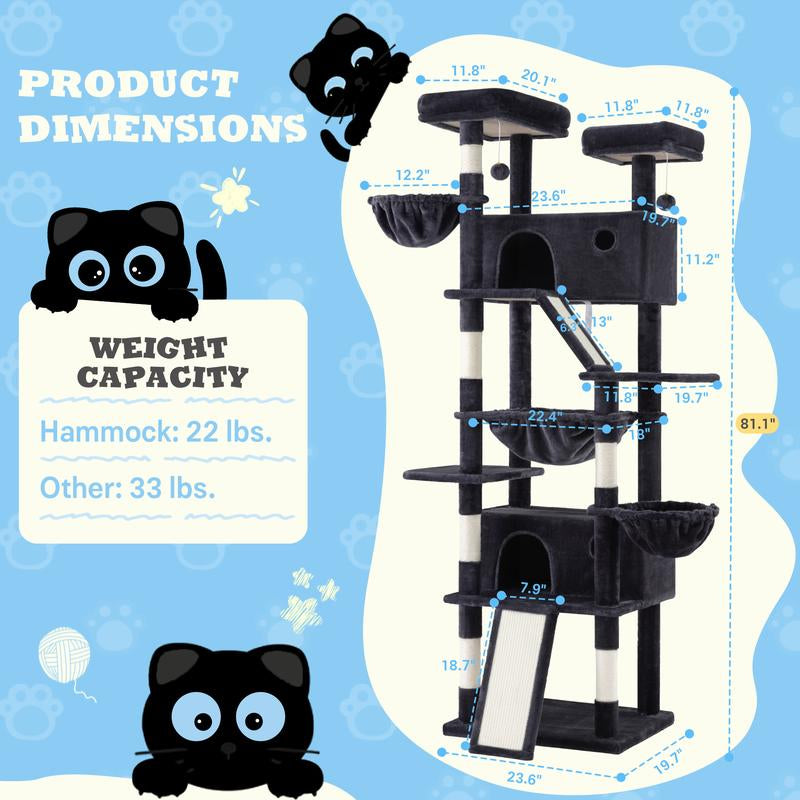SHA CERLIN 81In/63In Multi-Level Tall Cat Tree Tower with Hammock & Sisal Scratching Posts Larger Cat Condo Furniture for Multi-Cat Play & Rest #Christmasgifts#Tiktokshopblackfriday