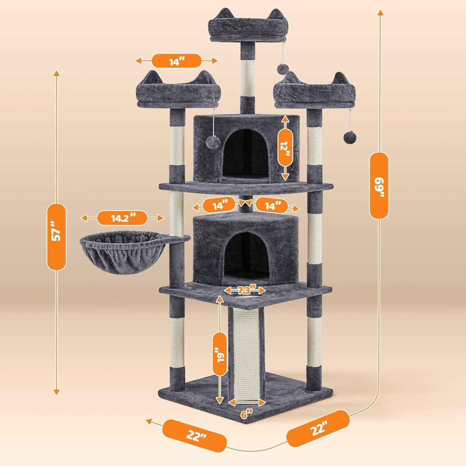 68.5In Cat Tree for Large Cats, Multi-Level Cat Tower with 3 Wide Perches, Large Condo, Stable Pet Play House W/Sisal-Covered Scratching Posts & Board, Dark Gray