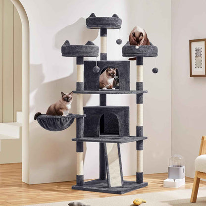 68.5In Cat Tree for Large Cats, Multi-Level Cat Tower with 3 Wide Perches, Large Condo, Stable Pet Play House W/Sisal-Covered Scratching Posts & Board, Dark Gray